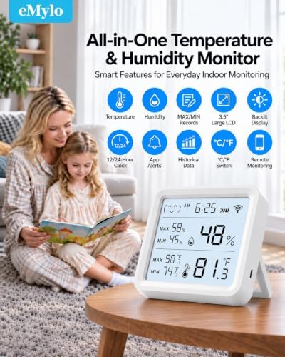 eMylo WiFi Thermometer Hygrometer with App Alerts, 3.5” Backlit Display - Image 2