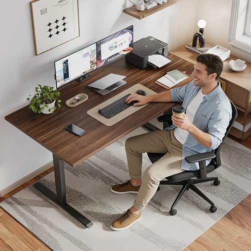 Klicelor 63 x 28 Electric Standing Desk, Sit Stand Up Home Office Desk, Height Adjustable Deep Cumputer Table with Memory Presets and Hooks, Two Pieces, Dark Walnut - Image 2