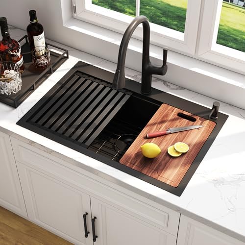 33 Inch Black Drop In Single Bowl Workstation Handmade Kitchen Sink by Quikore