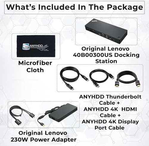 40B00300US Lenovo Docking Station USB C Bundle - 1 Year Warranty, Supports 4K Display, Thunderbolt 4 Dock with 300W Adapter, Anyhdd HDMI, DisplayPort, Thunderbolt Cables & Cloth - Image 2