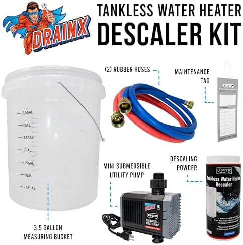 DrainX Tankless Water Heater Flushing Kit with Pump, Hoses, Descaling Powder and Measuring Bucket, All in One Complete Maintenance Solution - Image 2