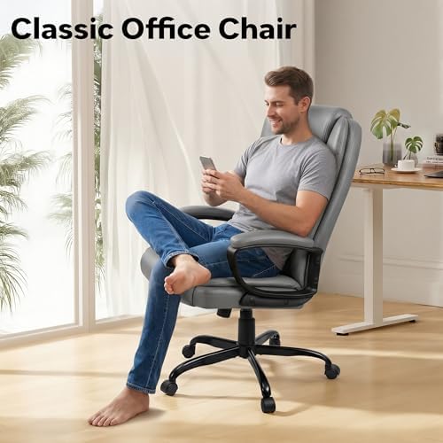 Executive Office Chair, Ergonomic High Back Desk Chair with Lumbar Support, Adjustable Big and Tall Computer Chair, 360° Swivel, PU Leather, Grey - Image 4