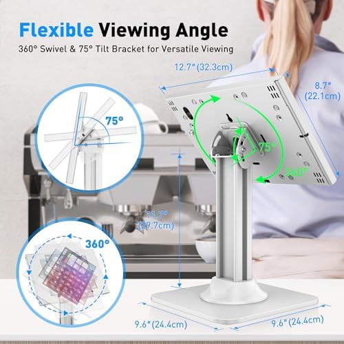 AboveTEK Anti-Theft iPad Kiosk Stand – POS iPad Security Stand & Locking Tablet Holder – Heavy Duty Base, 360° Swivel, 75° Tilt Bracket – Perfect for Retail Business (White) - Image 5