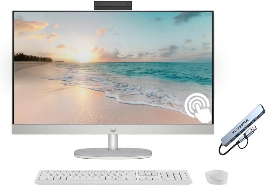 HP 27" FHD Touchscreen All-in-One Desktop Computer, Quad-Cores Ryzen 5 7520U, 16GB RAM 512GB SSD, Windows 11, Wireless Keyboard & Mouse, PLUSERA 8-in-1 Hub Included, White by Unknown