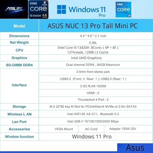ASUS NUC 13 Pro Tall Mini PC Desktop, Intel Core i5-13420H (4.6GHz), 16GB RAM, 512GB PCIe SSD, Ultra-Quiet and Compact Design, 4K Quad Display, USB, HDMI, Thunderbolt, Wi-Fi 6E, Bluetooth, Win11 Pro - Image 2