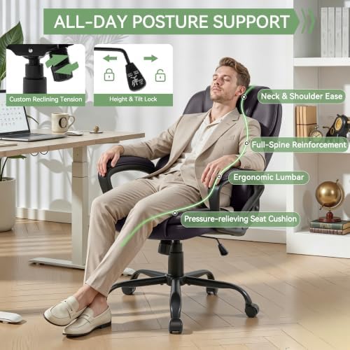 Ergonomic Office Chair with High Back, Comfy Desk Chair, Adjustable Executive Office Chair for Home Office, Big and Tall Computer Chair Heavy Duty, 360° Swivel, Faux Leather Brown - Image 3