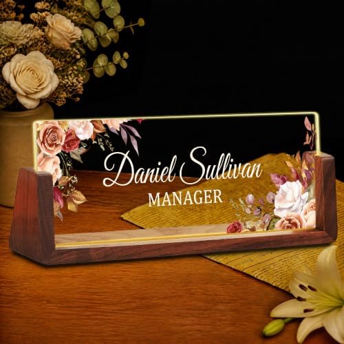 Custom Name Plate for Desk with LED Walnut Frame, Office Desk Decor by Unknown