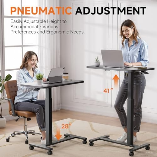 GTPLAYER Small Standing Desk with Lockable Wheels, Pneumatic Mobile Rolling Laptop Desk,Adjustable Height Overbed Bedside Table Computer Workstation for Home Office (28" W x 16" D, Black) - Image 4