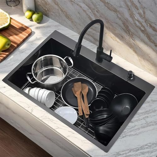 VAPSINT 28x18 Inch Black Drop In Kitchen Sink, 28 Inch Gunmetal Black Top Mount Extra-Thick Stainless Steel Single Bowl Sink RV Laundry Utility Prep Sink with Drain Strainer & Metal Grid - Image 2