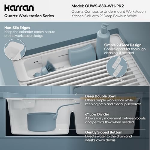 Karran 32.5 Inch Undermount Quartz Composite Workstation Kitchen Sink, 50/50 Double Bowl Low Divide with Color Matched Accessories, Cutting Board, Drying Mat, Colander & Strainers White - Image 6