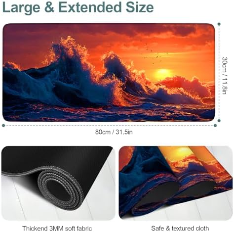 Sunset Waves Gaming Mouse Pad 31.5"x11.8" Large Extended Pad Desk Mat Anti-Slip Rubber Base & Durable Stitched Edges for Gamers Smooth Mouse Pad Writing Surface for Desk Office/Home - Image 2