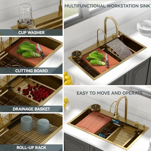 Lordear Waterfall Sink 33 Inch Gold Drop In Kitchen Sink Single Bowl - Image 5