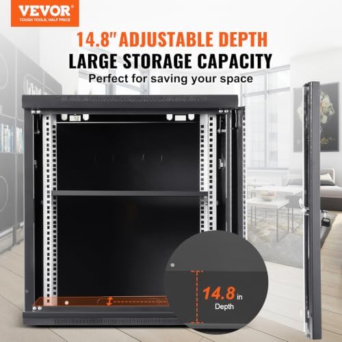 VEVOR 9U Wall Mount Network Server Cabinet, 14.8'' Deep, Server Rack Cabinet Enclosure, 200 lbs Max. Ground-Mounted Load Capacity, with Locking Glass Door Side Panels, for IT Equipment, A/V Devices - Image 2