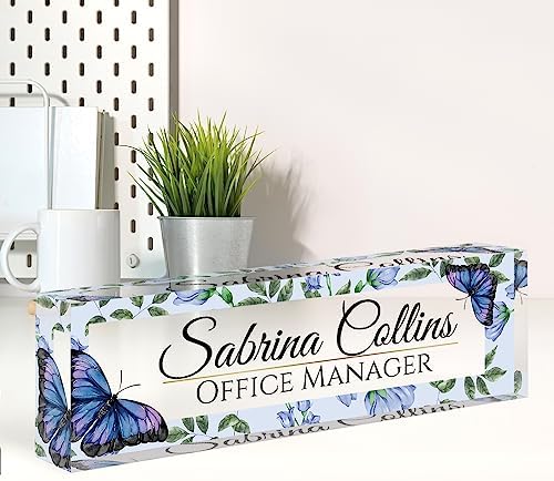 Name Plate for Desk, Desk Name Plate Personalized, Office Decor for Women Men, Acrylic Desktop Accessories, Office Appreciation Gifts for Boss Social Workers Nurse Teacher Employee (Blue Butterfly) by Spricoz
