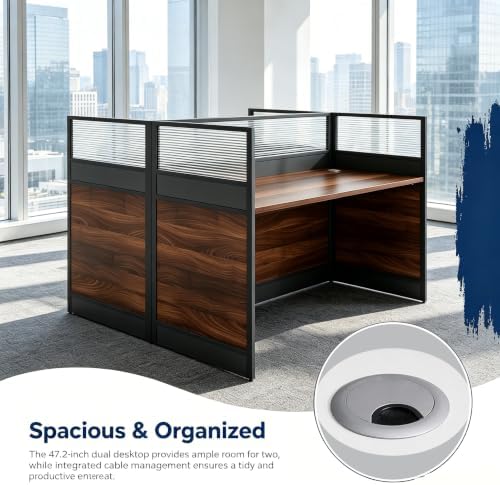 2-Person Office Cubicle Workstation Desk with Mute Privacy Panels & Cable Management, Computer Cubicles Desk for Home & Commercial Office Use, Walnut Finish - Image 3