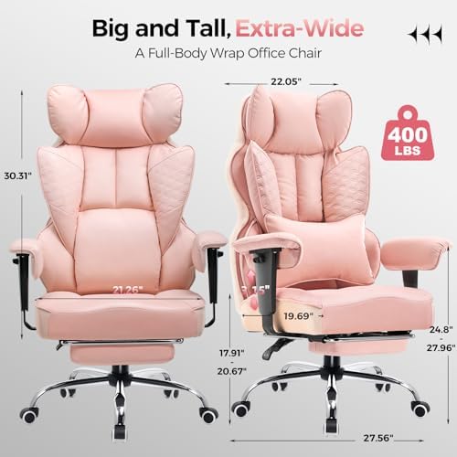 COMHOMA Big and Tall Office Chair Heavy Duty Wide Ergonomic Gaming Chair with Deluxe Embossing Designed Leather with Foot Rest,145°Reclining Adjustable Armrests Pocket Spring Back Support and Pillow - Image 2