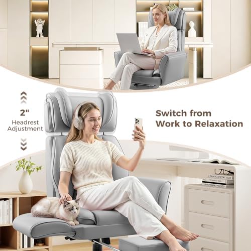 Big and Tall Office Chair, Flip Armrests for Cross Legged Sitting, Ergonomic Leather Executive Desk Chair with Foot Rest, High-Back Reclining Computer Chairs for Office Home Game - Light Gray - Image 5
