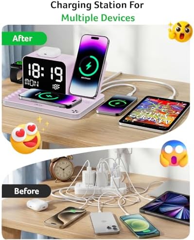 Acer 7-in-1 Wireless Charging Station Charger Stand for Multiple Devices for Apple -iPhone 18 17 16 15 14 13 Pro Max Apple Watch Airpods, Wireless iPhone Charger Station with Bluetooth TimeSync Purple - Image 4
