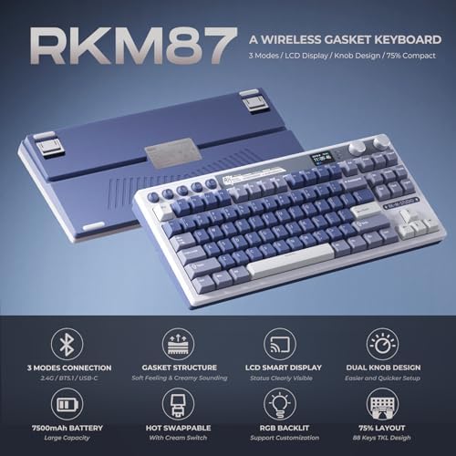 RK ROYAL KLUDGE M87 Wireless Gaming Keyboard with Screen & Dual Knobs, Blue - Image 2
