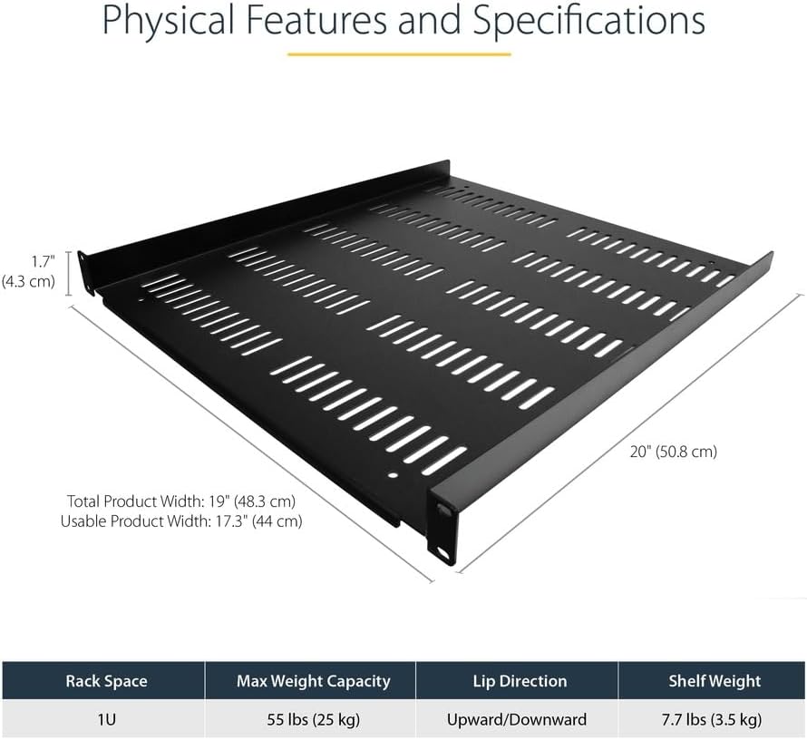 StarTech 1U Vented Rack Shelf, 19in, 55lb, 20in Deep (SHELF-1U-20-FIXED-V) - Image 3
