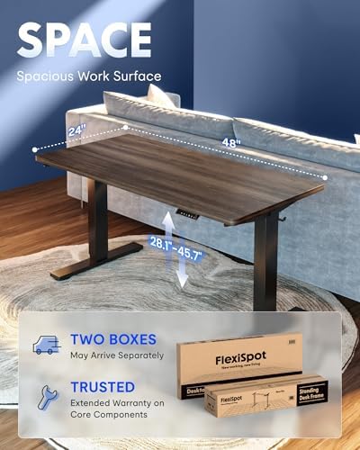 FLEXISPOT EN1 One-Piece Standing Desk, Electric Adjustable with 4 Memory Presets, 176 LBS Capacity, Stable & Quiet, Seamless Desktop for Home Office & Dual Monitors, 48"x24" Black Walnut - Image 5