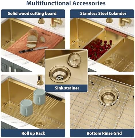 Lordear Gold Undermount Kitchen Sink 33" x 19" Stainless Steel Sinks 16 Gauge Single Bowl Ledge Workstation Handmade Under Counter Kitchen Sink Basin with Built-In Accessories - Image 6