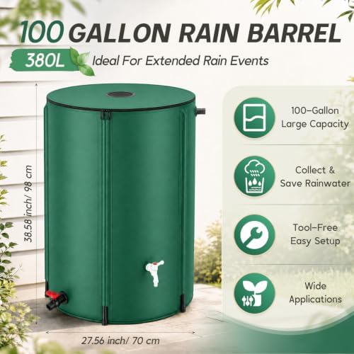 Waydress Collapsible Rain Barrel, Portable Rainwater Collection System with Spigots, Mesh Filter & Overflow Kit, Leak-Proof Foldable PVC Water Storage Tank for Garden, Car Washing(100 Gallon,Green) - Image 2