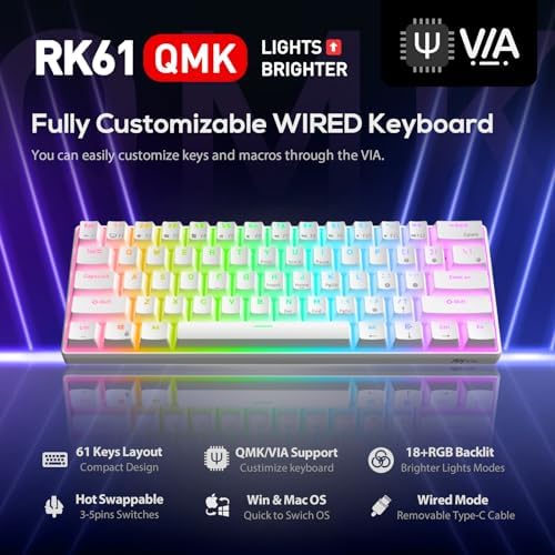 RK ROYAL KLUDGE RK61 Wired 60% Mechanical Gaming Keyboard, Compact PC Game Keyboards with QMK/VIA Programmable RGB Backlit, Hot Swappable Custom Keyboard for Win/MAC, Pre-lubed Red Switch, White - Image 2