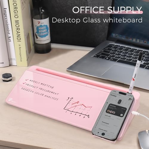 TOWON Glass Desk Whiteboard 17x6 in, Wireless Charger and Storage, Pink - Image 3