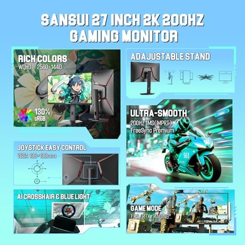 SANSUI Gaming Monitor 27" 1440P 200Hz 180Hz WQHD 2560×1440-AMD FreeSync 1ms DCI-P3 95% Fast IPS Computer Monitor,Height Adjustable Vertical/Horizontal Rotating, 2×DisplayPort/HDMI 丨HDR丨Low Motion Blur - Image 2