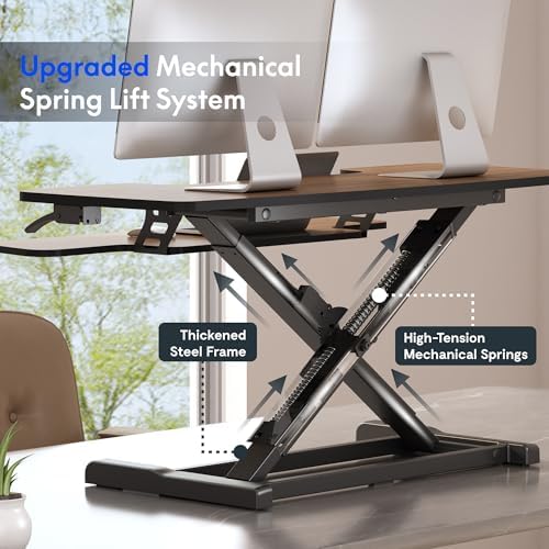 FLEXISPOT Standing Desk Converter 42" Premium Large Desk Riser for Triple Monitor, Spacious Desktop Sit Stand Workstation with Ergonomic Height Adjustment, Modern Stand Up Desk Riser, Walnut - Image 6