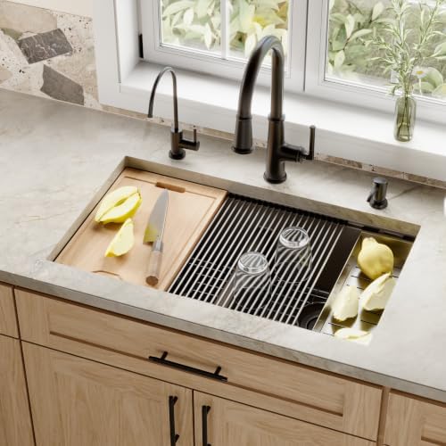 Karran 32.5" Brown Quartz Composite Undermount Double Bowl Workstation Kitchen Sink, 50/50 Chef Prep Station with Cutting Board, Roll-Up Mat, Colander, Bottom Grids and Accessories – QUWS-880 - Image 2