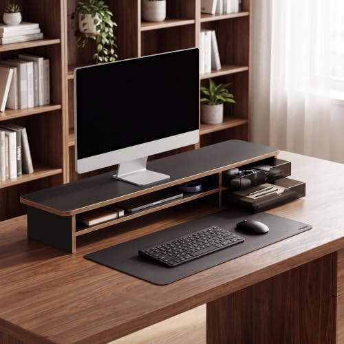 Fenge Monitor Stand, Desk Computer Riser with Frosted Storage Drawer, Black - Image 2
