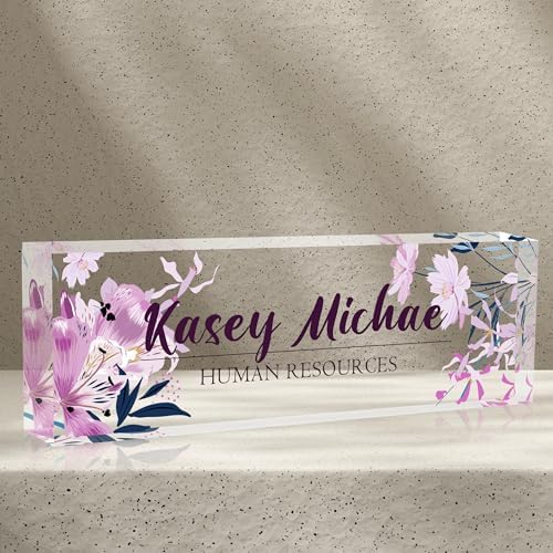 Personalized Name Plates for Office - Gifts for Teacher, Boss, Employee Appreciation - Office Desk Decor (Purple Bloom) by AZUFEMOS
