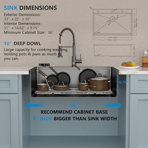 33"x22" Drop In Kitchen Sink with Faucet Combo & Glass Rinser - Image 5