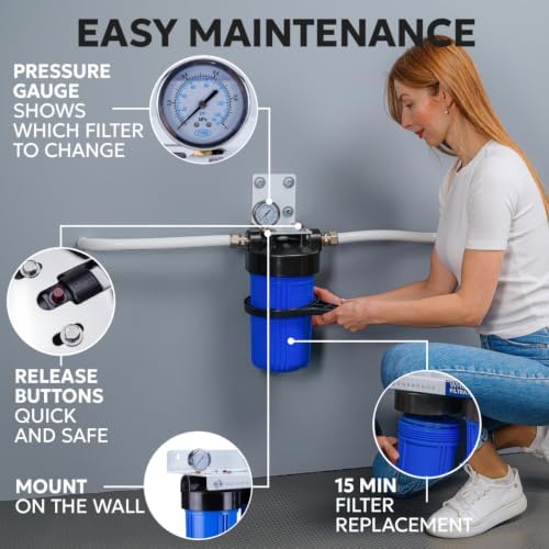 Aquaboon Whole House Water Filter System for Well Water with 5 Micron 10x4.5 Ganular Activated Carbon (GAC) Chlorine Reduction Cartrige | NSF Certified, Pressure Gauges & Releas, Wrench, Bracket 1"NPT - Image 4