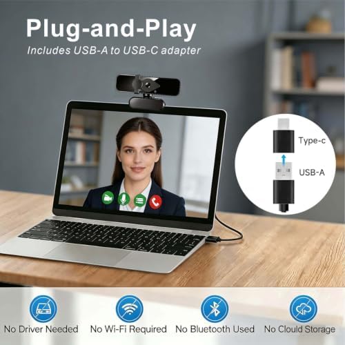 4K Webcam with USB C Adapter Privacy Cover Microphone for PC Mac Laptop - Image 4