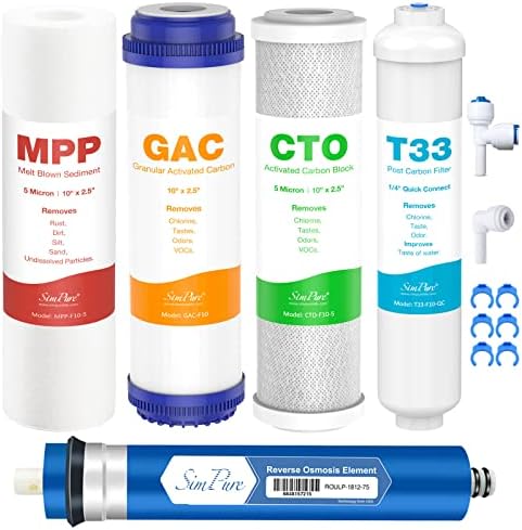 SimPure 5-Stage Reverse Osmosis Replacement Filter Set with 75 GPD RO Membrane, 5pc Pre & Post Replacement Cartridge Pack Kit for Standard 10-icnh 5-Stage Reverse Osmosis RO Systems by SimPure_Water