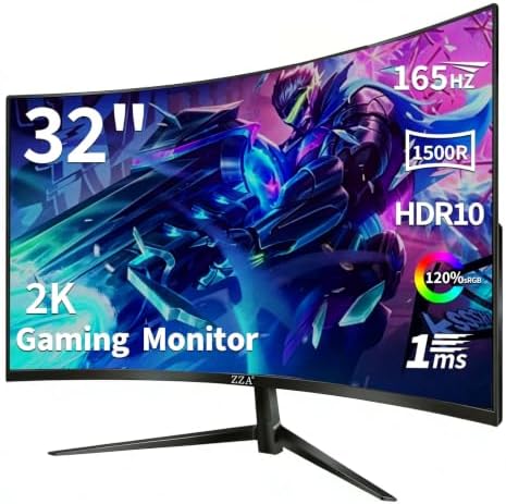 ZZA 32-Inch Curved Gaming Monitor, 2K QHD (2560x1440), 165Hz, 1500R, VA Panel, 1ms MPRT, HDR10, Frameless Design, HDMI x2, DisplayPort, VESA Compatible, PC Console Gaming by ZZA