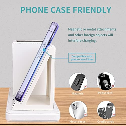 Wireless Charger with Desk Organizer, Wireless Charging Station for iPhone 14/14 Pro/13/12/11/Samsung Galaxy S23/S22/S21/S20/Note 20/Note 10, Charging Stand with Leather, White - Image 5