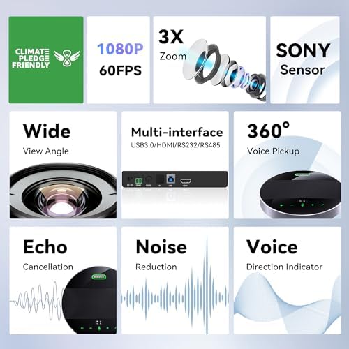 Tenveo 3X Optical Zoom 1080P 60FPS PTZ Conference System with 114° Wide-Angle Lens and MagiCall Bluetooth Speakerphone, Video Output via USB 3.0/HDMI/RS485/RS232, Ideal for Large Meetings - Image 4
