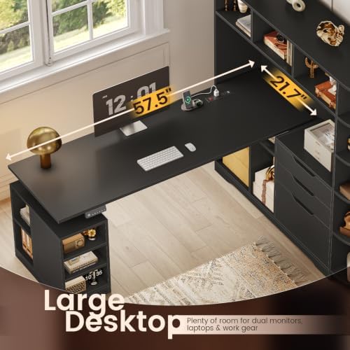 SEDETA 59" L Shaped Standing Desk with 3 Drawers Storage and Bookshelves - Image 6
