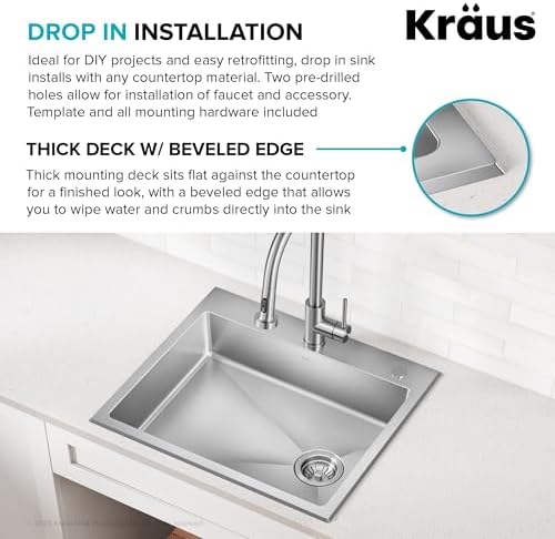 KRAUS Fairlane 25-inch ADA Compliant Drop In/Top Mount Single Bowl 18-Gauge Stainless Steel Kitchen Sink, KHT641-25-5.5 - Image 6