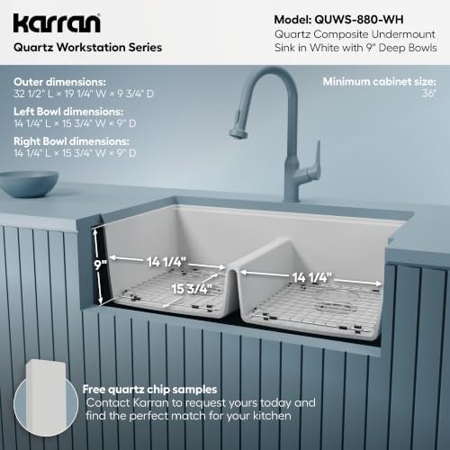 Karran 32.5" White Quartz Composite Undermount Double Bowl Workstation Kitchen Sink, 50/50 Chef Prep Station with Cutting Board, Roll-Up Mat, Colander, Bottom Grids and Accessories – QUWS-880 - Image 6