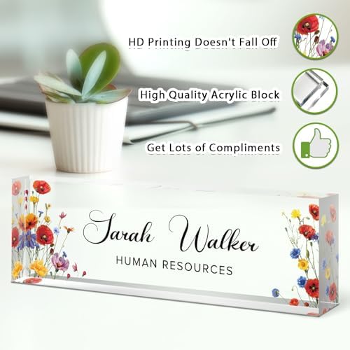 Name Plate for Desk, Desk Name Plate Personalized, Flowers Office Decor for Women Men, Acrylic Desktop Accessories, Office Gifts for Boss Nurse Teacher Coworker, Employee Appreciation Gift (Pink/Blue) - Image 3