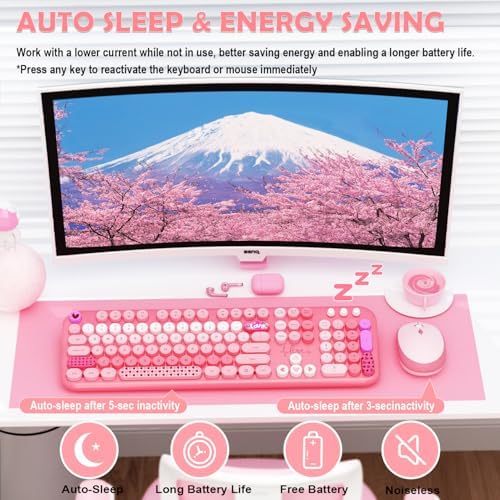 Wireless Keyboard and Mouse,MOFII 104 Round Keys Lovely Full-Size Cute Colorful Keyboard and Mouse with Retro Typewriter for PC/Mac/Laptop/Tablet/Computer/Windows Pink - Image 4
