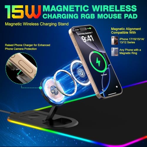 RGB Gaming Mouse Pad Wireless Charging Desk Mat with Foldable Phone Stand, Large LED Gaming Mat 800x350x4mm, 15 Light Modes, Waterproof, Keyboard Pad for PC Computer, Includes 20W PD Power Adapter - Image 3