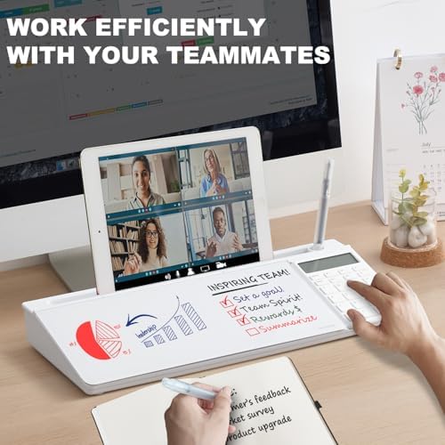 Small Glass Desktop Whiteboard Dry-Erase-Board - Computer Keyboard Stand with Calculator White Board Surface Pad with Drawer, Desk Organizers with Accessories for Office, Home, School Supplies - White - Image 2