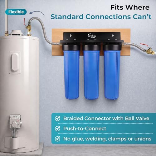 iSpring WGB32B+AHPF12MNPT16X2 3-Stage Whole House Water Filter System, Reduces Chlorine, Sediment Home Water Filtration System w/ 3/4'' Push-Fit Braided Stainless Steel Hose Connectors - Image 5