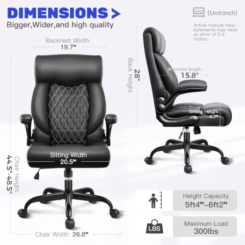 High Back Executive Office Chair - Ergonomic Computer Desk with Rocking Function, Leather Managerial with Adjustable Flip-Up Armrests and Lumbar Support - Image 2